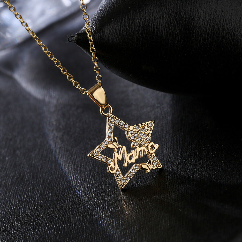 Geometric Star and Moon MAMA Pendant Necklace for Women in Copper with 18K Gold Plating and Zircon Inlay