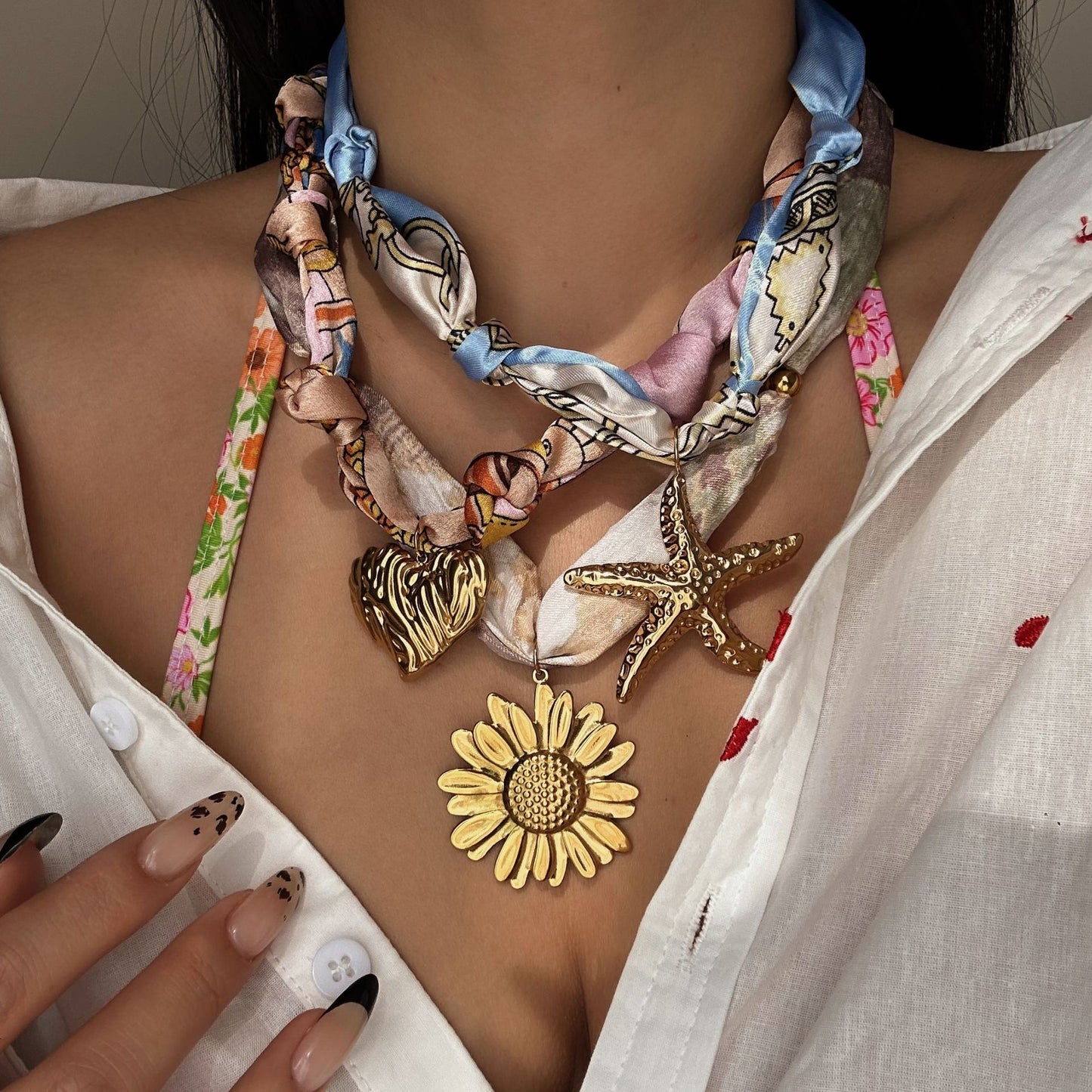 Casual Minimalist Stainless Steel and Silk Necklace with Heart Floral Starfish Pendant for Women