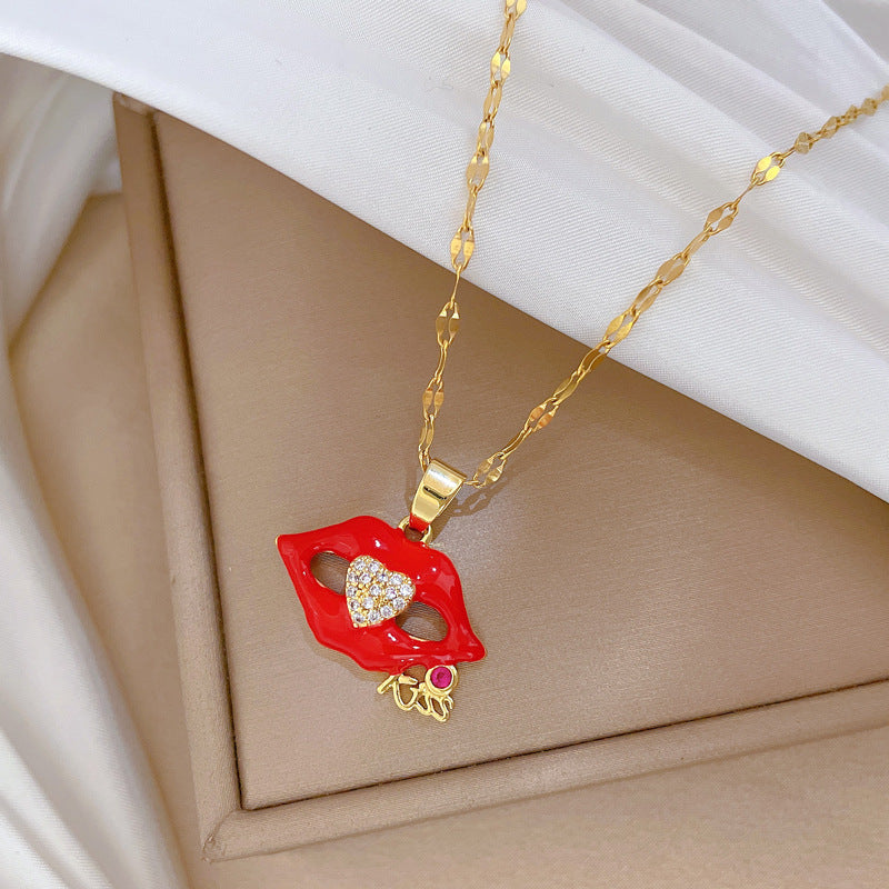 Luxury Sweet Geometric Titanium Steel Necklace with Cubic Zirconia and Brass Pendant for Unisex