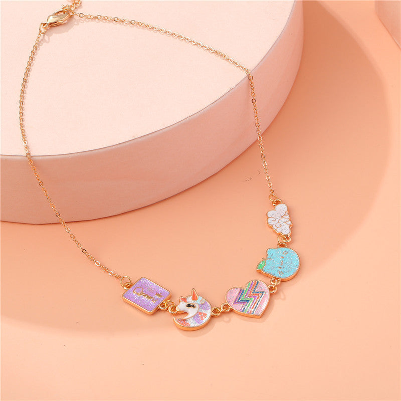 Cartoon Style Cloud and Unicorn Pendant Necklace for Kids Made of Alloy with Enamel Finish on Cross Chain