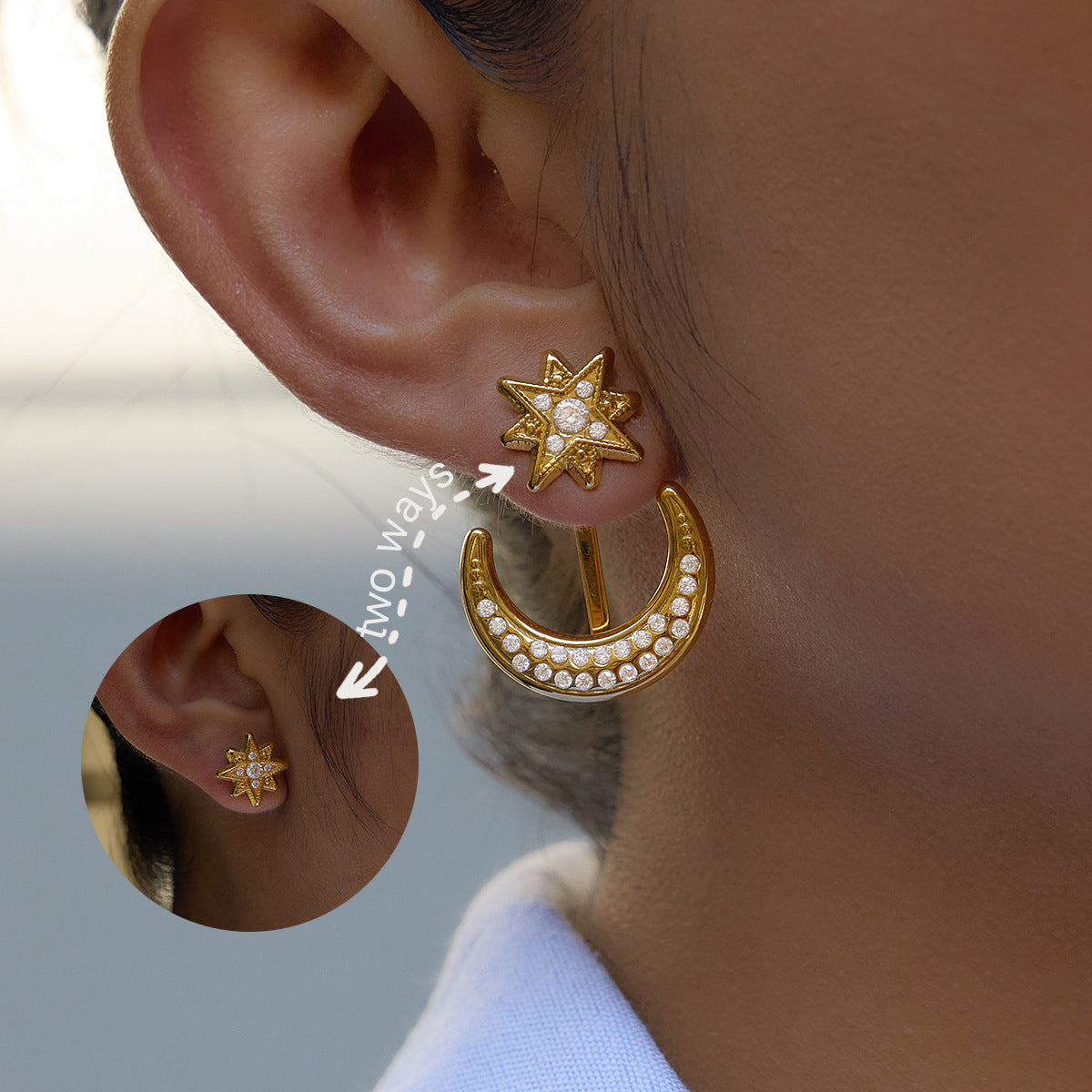 Pendientes de acero inoxidable en forma de luna minimalista con incrustaciones de circonita y chapado en oro PVD para mujer