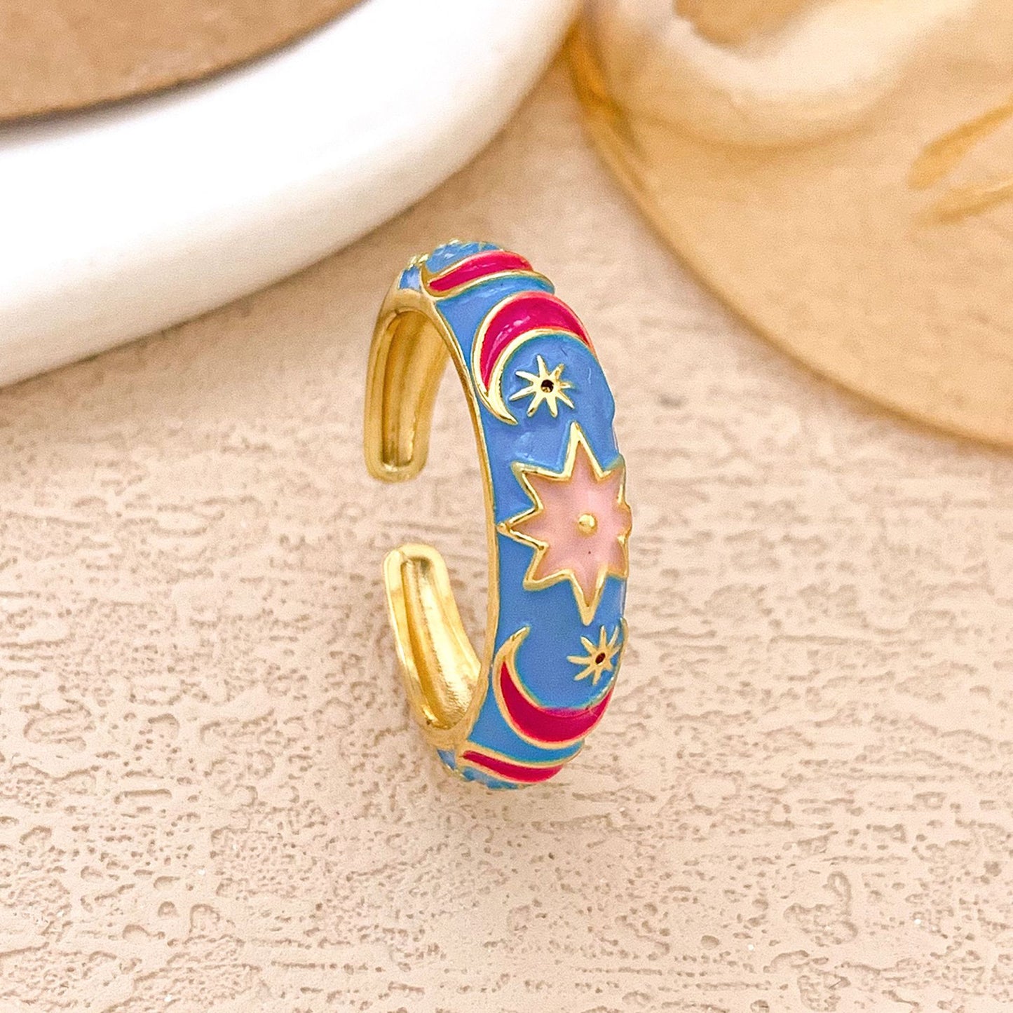 Sweet Alloy Gold Plated Drip Oil Round Oval Ring with Polka Dot Evil Eye Design for Women
