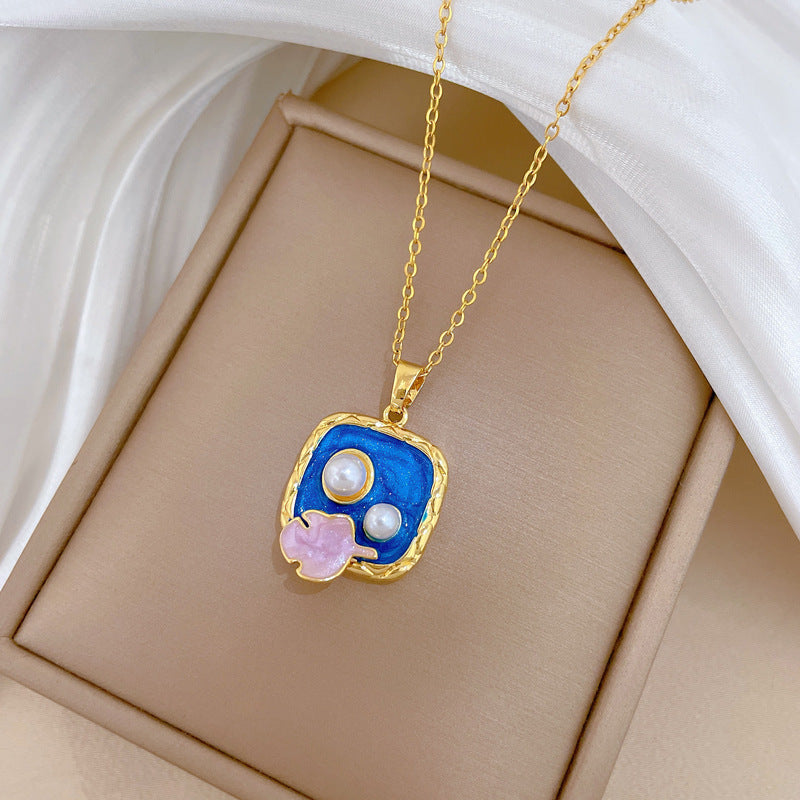 Vintage Sweet Geometric Moon Rhinestone Pendant Necklace Titanium Steel Cable Chain for Unisex