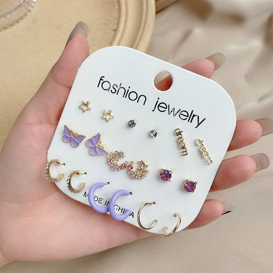 Sweet Geometric Butterfly Alloy Earrings with Rhinestone Inlay and Drip Oil Finish