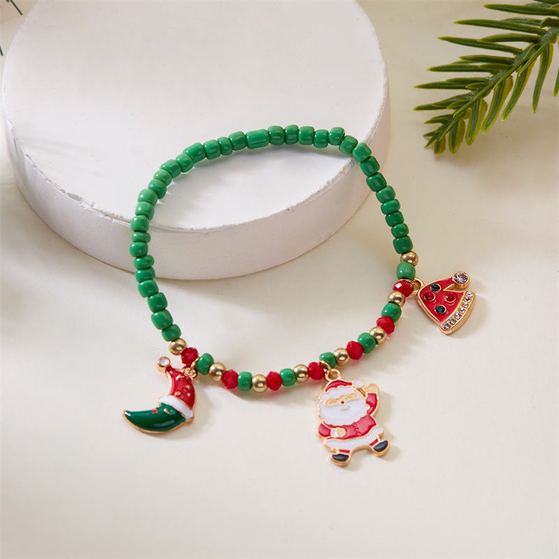 Bracciale natalizio alla moda da donna con ciondoli a forma di Babbo Natale e pupazzo di neve, design con perline, finitura galvanizzata, accessorio a tema festivo