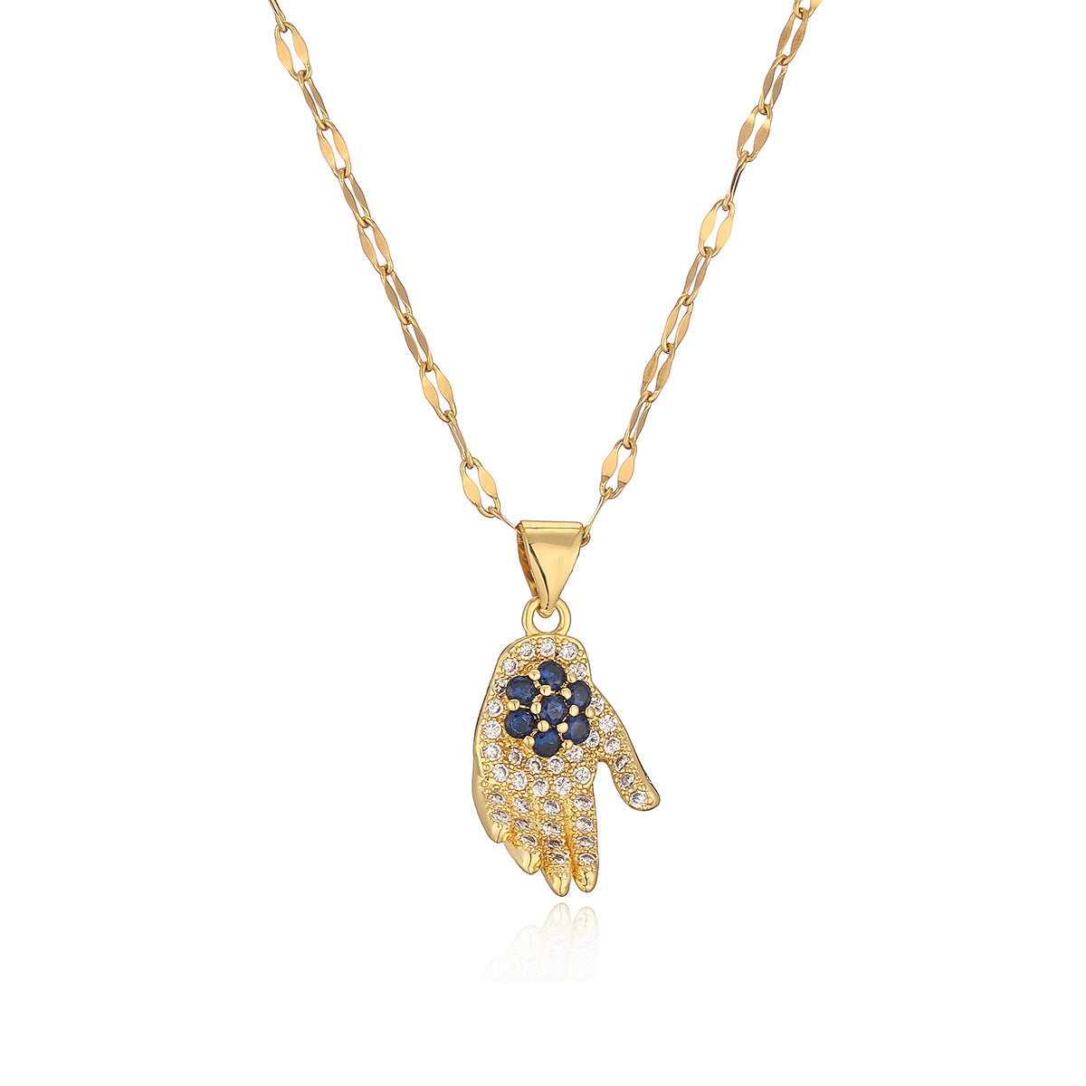 Minimalist Geometric Hand-Shaped Pendant Necklace for Women in Brass with Real Gold Plating and Zircon Inlay