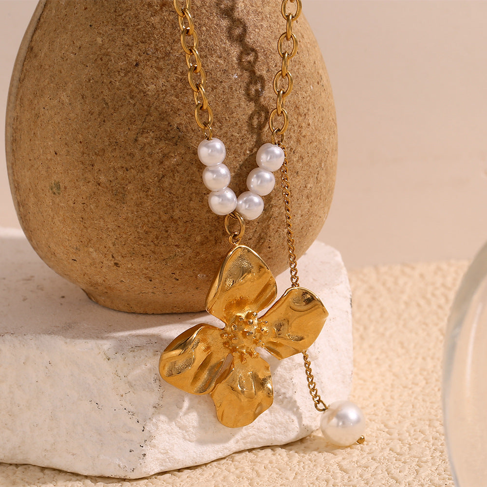 Vintage Floral Geometric Pendant Necklace for Women Stainless Steel with 18K Gold Plating and Simulated Pearl Accents