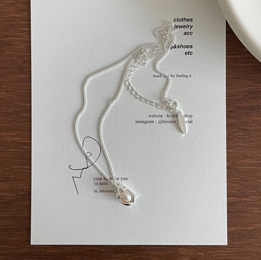 Minimalist Geometric Pendant Necklace in 925 Sterling Silver with Pearl and Cloud Accents on Snake Chain