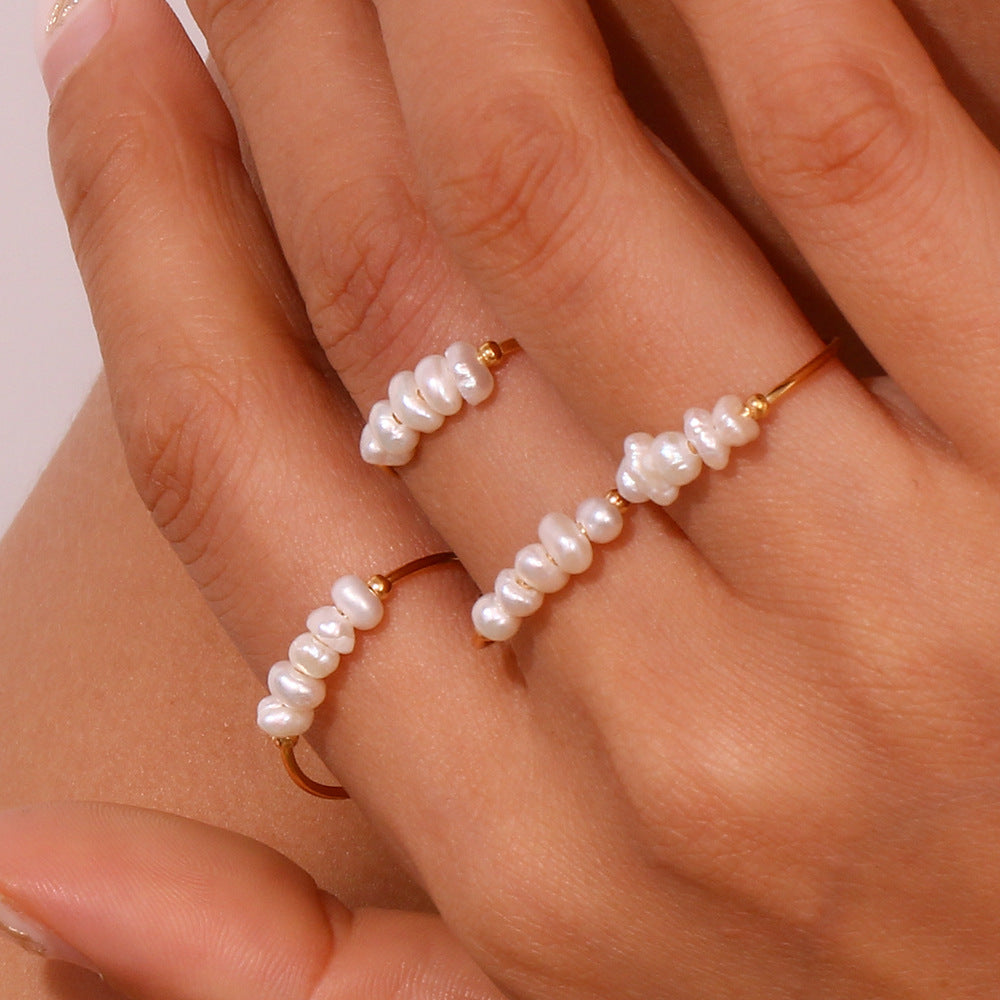 Minimalist Geometric Stainless Steel Plated 18K Gold Fine Freshwater Pearl Ring for Women