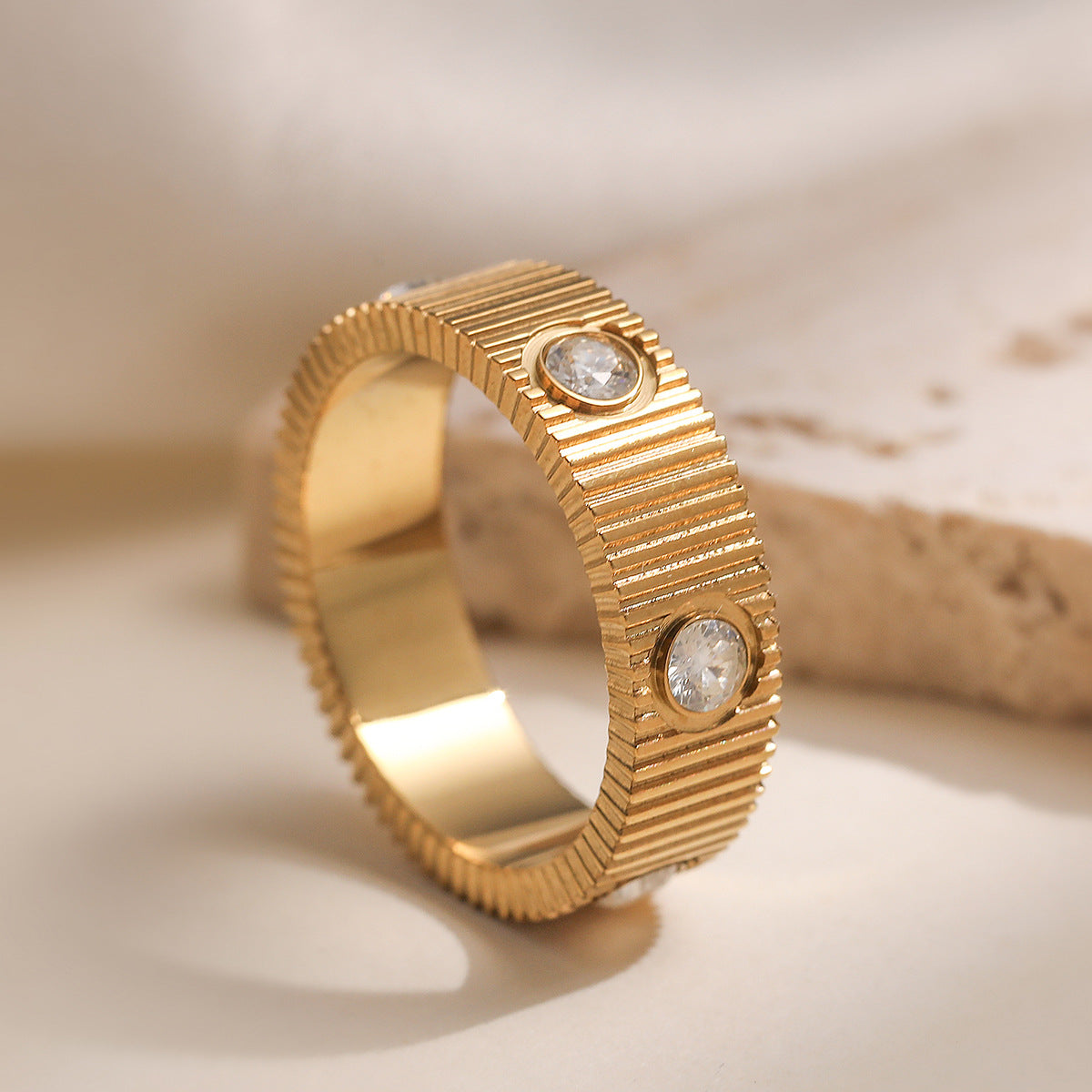 Minimalist Gold Plated Stainless Steel Geometric Striped Ring with Cubic Zirconia for Women