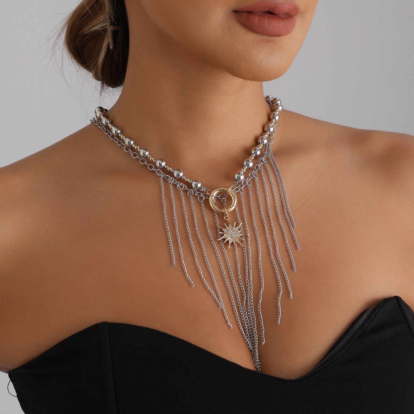 Luxury Geometric Round Beaded Sunflower Tassel Necklace Alloy Plated Multi-layer Chain for Women