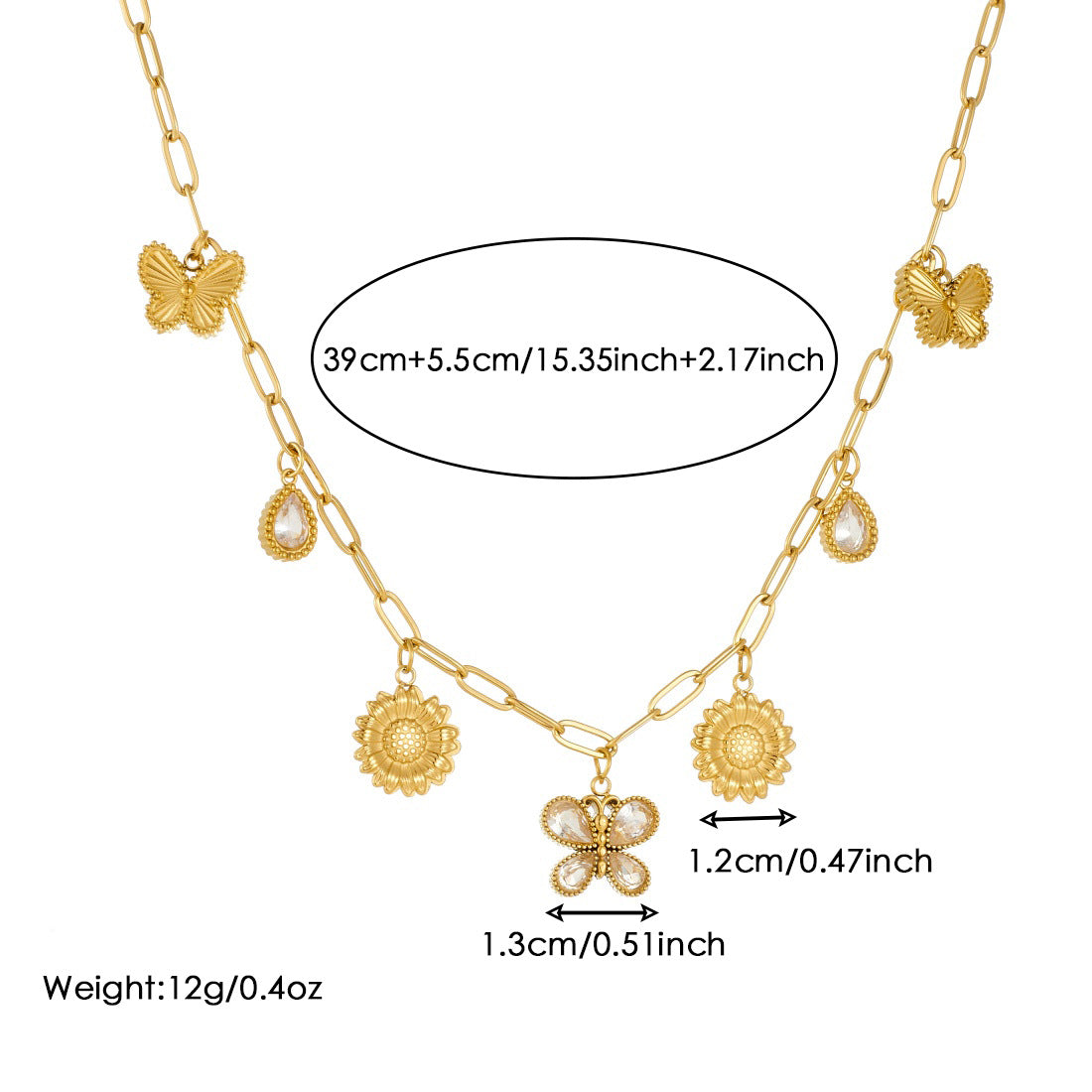 Gold Plated Stainless Steel Butterfly Sunflower Teardrop Pendant Necklace with Rhinestone Inlay and Curb Chain for Women