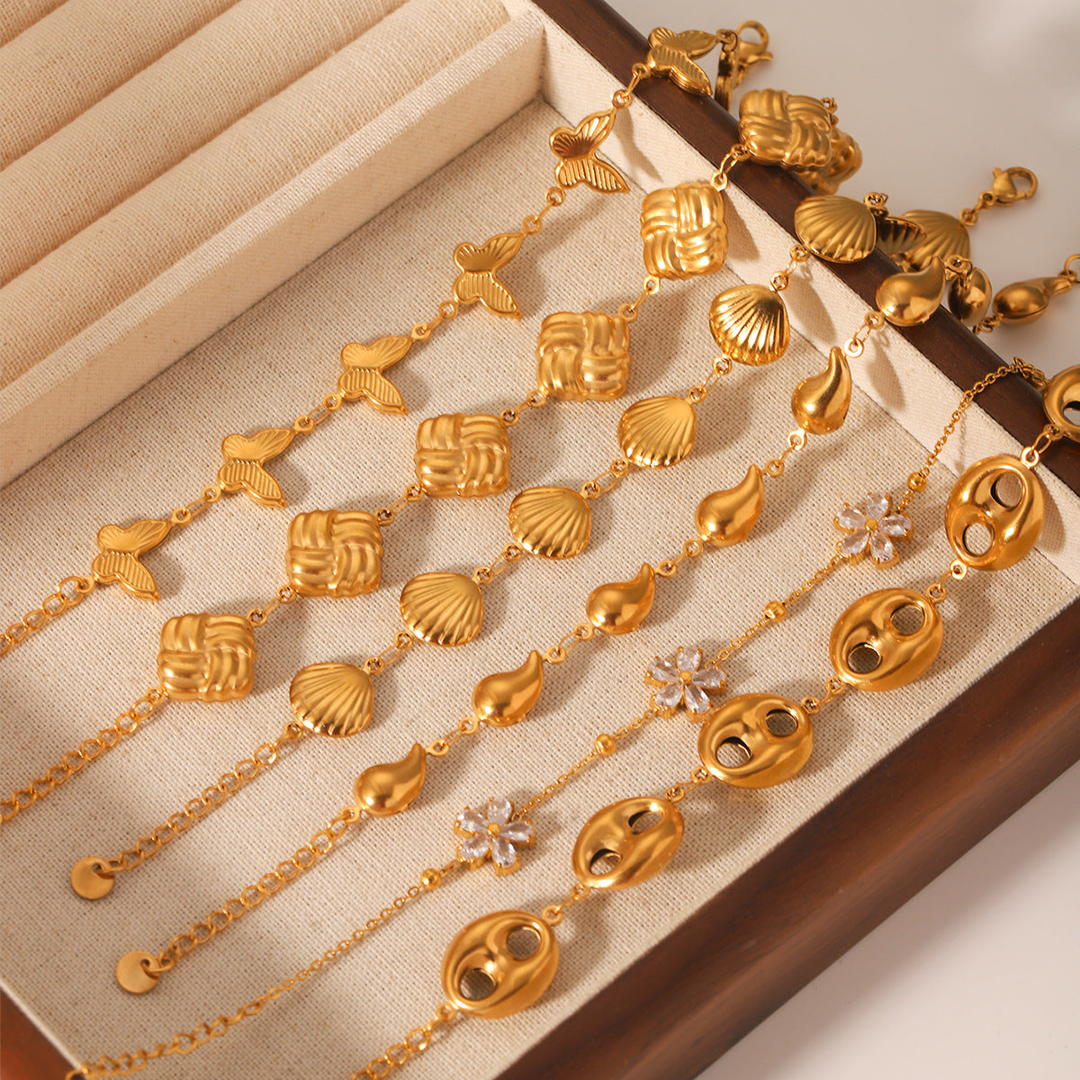 18K Gold Plated Stainless Steel Bracelet with Butterfly Shell Water Drop Flower Geometric Cube Pig Nose Clasp