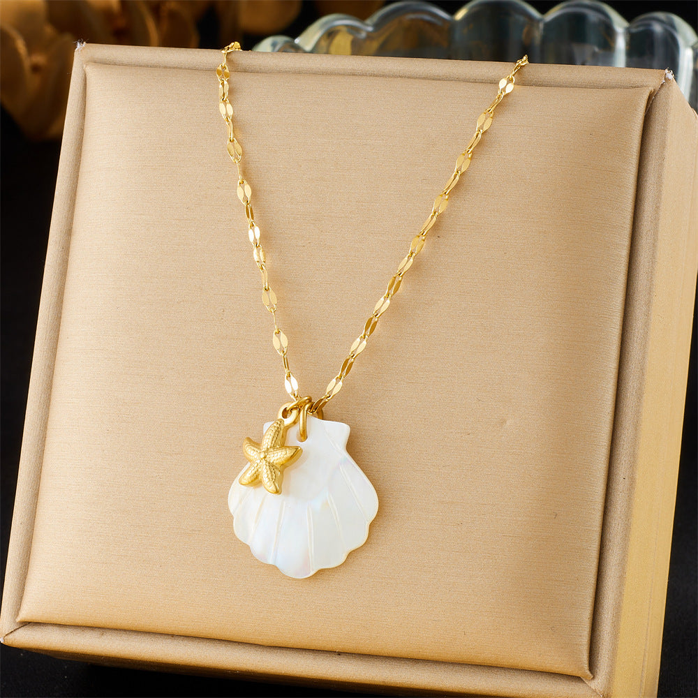 Personalized Ocean Starfish Seashell Turtle Pendant Necklace in Stainless Steel with 18K Gold Plating on Wavy Chain for Women
