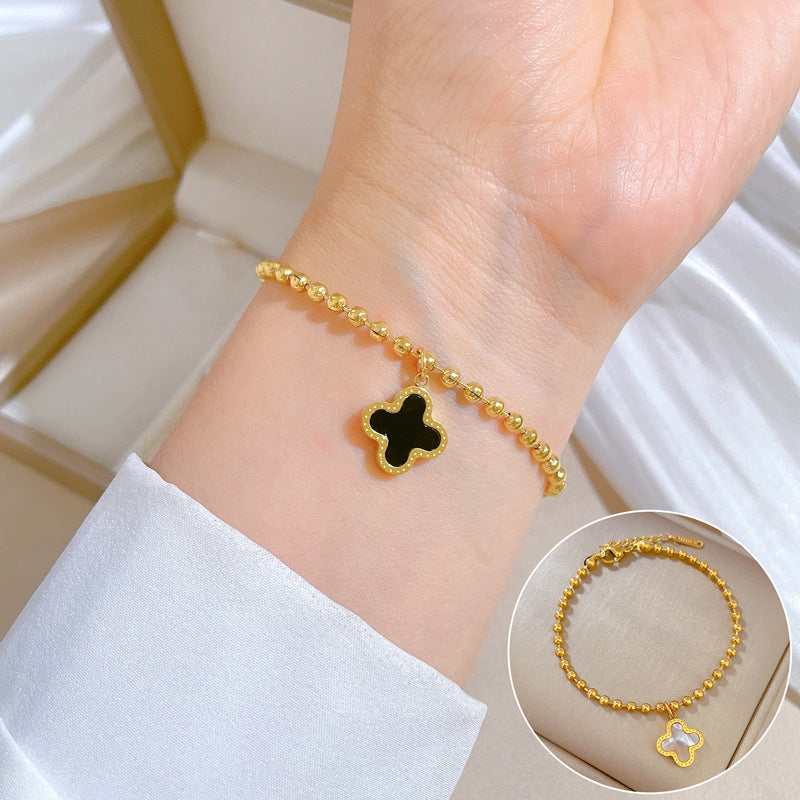 Vintage Titanium Steel Lucky Clover Beaded Bracelet for Women with Gold Plating and Wavy Texture