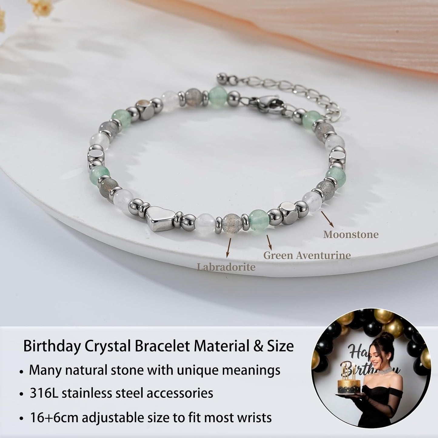 Minimalist Sweet Heart Natural Gemstone Stainless Steel Bracelet for Women