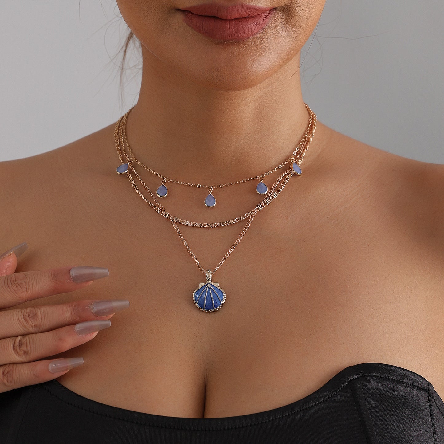 Vintage Blue Drip Oil Shell Geometric Teardrop Alloy Necklace for Women Layered Cable Chain