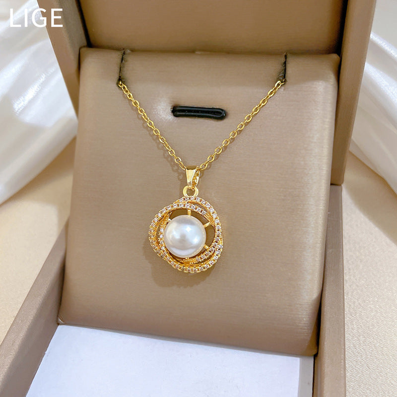 Sweet Luxury Geometric Moon Titanium Steel Necklace with Pearl and Cubic Zirconia for Unisex