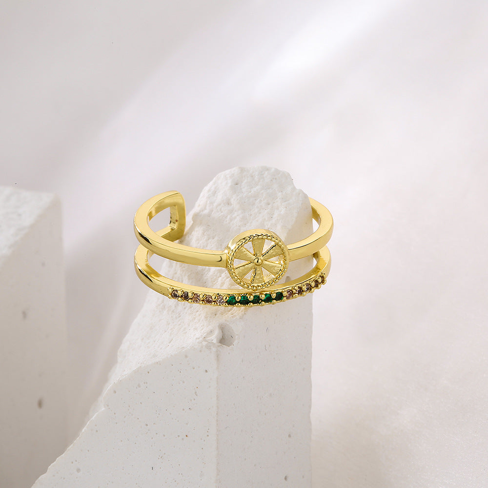 Geometric Hollow-Out Ring for Women Made of Copper with 18K Gold Plating and Zircon Inlay