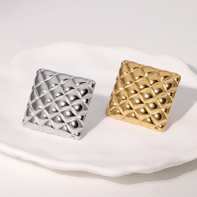 Light Luxury Geometric Open Ring 18K Gold Plated Stainless Steel Rhombus Pattern Jewelry for Women