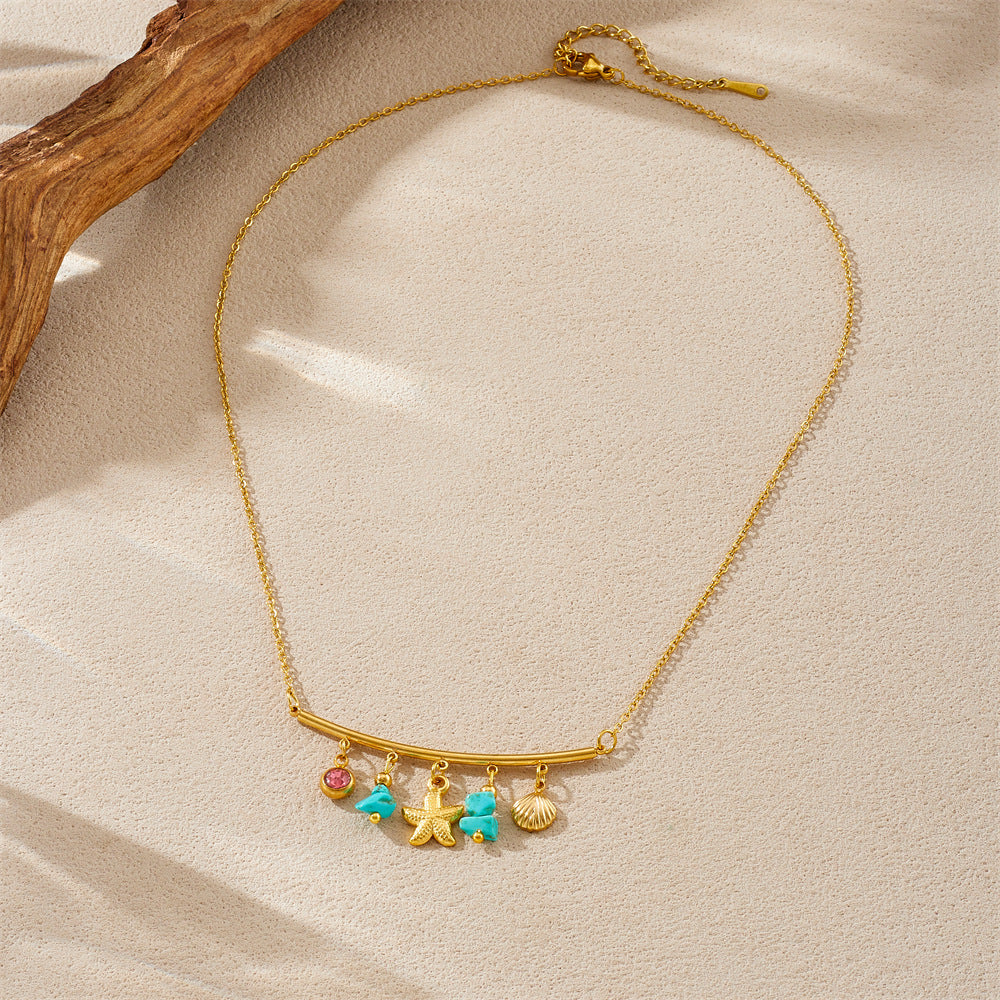 Bohemian Gold Plated Stainless Steel Round Star Necklace with Blue Crushed Stone and Rhinestone for Women
