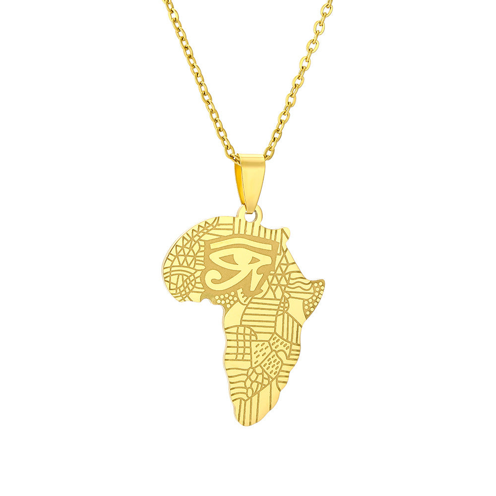Collana con ciondolo a forma di occhio del Sahara, mappa africana vintage, in acciaio inossidabile con ciondolo in acciaio al titanio e finitura galvanica su catena a maglie ovali