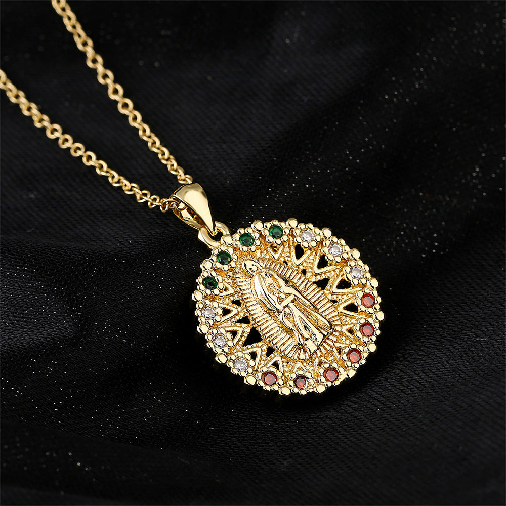 Gold Plated Geometric Virgin Mary Cubic Zirconia Inlay Pendant Necklace for Women