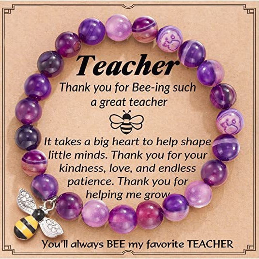 Natural Agate Bee Charm Bracelet Handmade Elastic Beaded String Unisex Jewelry