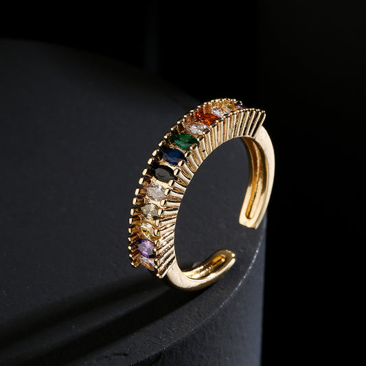 Minimalist Geometric Copper Ring with 18K Gold Plating and Colorful Cubic Zirconia Inlay for Women