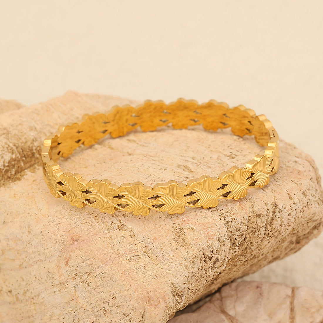 Geometric Line Stainless Steel Bracelet with Gold-Plated Leaf Charm for Women