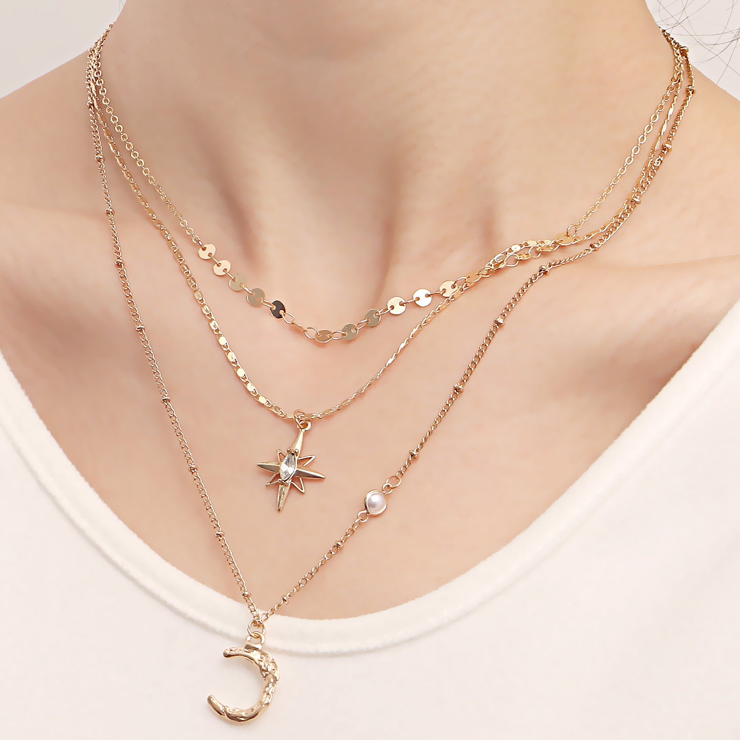 Minimalist Geometric Moon and Star Pendant Necklace in Alloy with Plated Finish for Women
