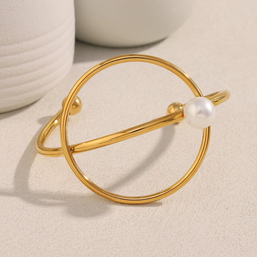 Minimalist Stainless Steel Bracelet with 18K Gold Plating, Pearl-Embellished Knot Detail and Geometric Circular Design for Women