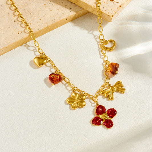 Vintage Gold Plated Drip Oil Floral Heart Stainless Steel Necklace for Women