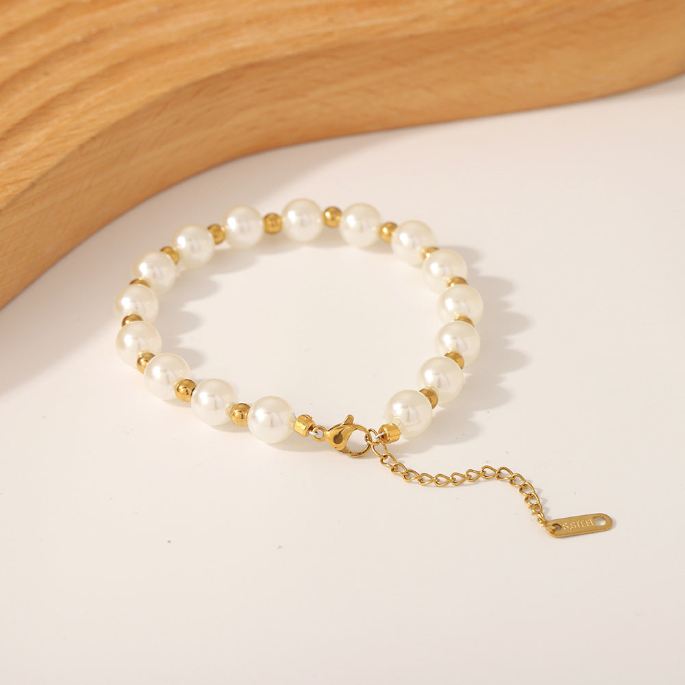 Bracciale geometrico in stile barocco in acciaio inossidabile placcato oro 18 carati con perle simulate e perline dorate