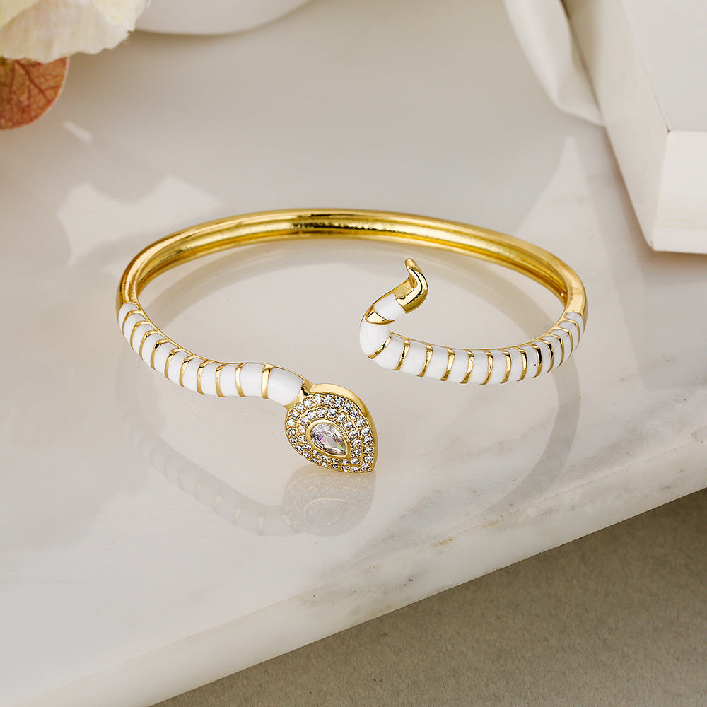 Bohemian Style Snake-Shaped Enamel Zirconia Cuff Bracelet for Women