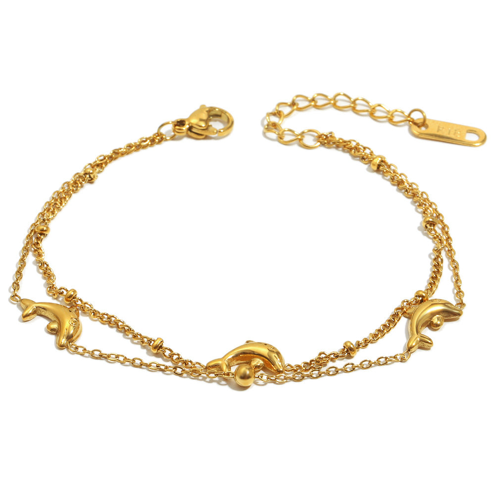 Elegant Ocean-Inspired Dolphin Pendant Necklace in Stainless Steel with 18K Gold Plating, Double-Layer Design with Pearl Accents