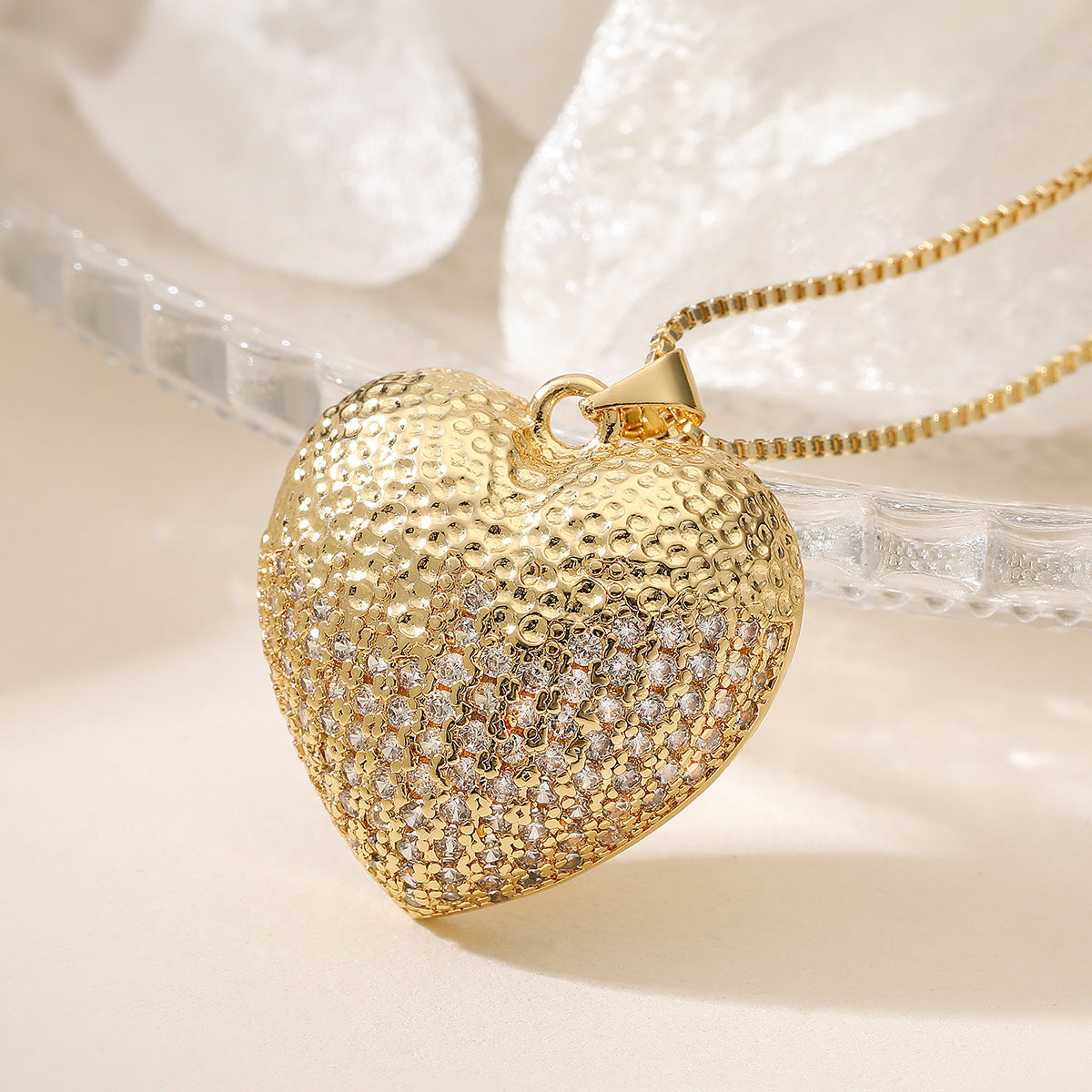 Minimalist 18K Gold Plated Brass Hollow Heart Cubic Zirconia Pendant Necklace for Women
