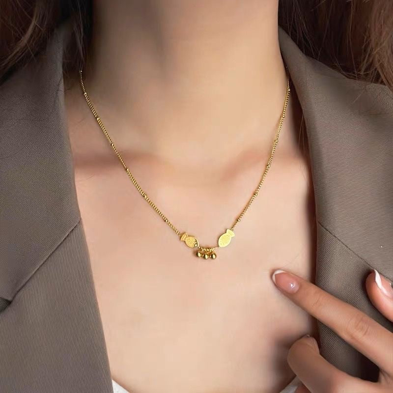 Vintage Titanium Steel Plated Double Fish Pendant Necklace for Women
