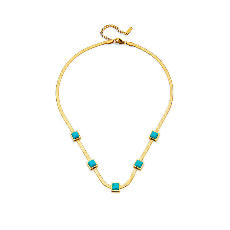 Collana a Catena Serpente con Pendente Quadrato Turchese Geometrico Minimalista alla Moda in Acciaio al Titanio con Placcatura Oro e Argento