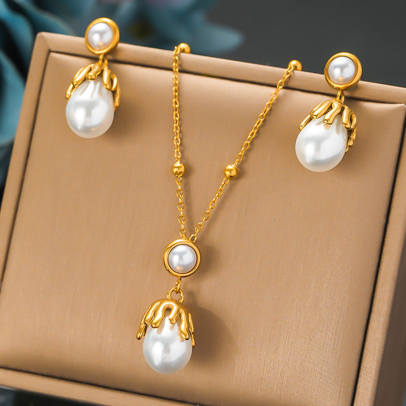 Vintage Floral Geometric Pearl Plated Stainless Steel Necklace Earring Set with Snake Chain
