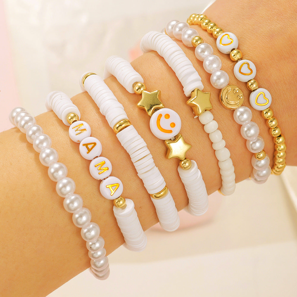 Bohemian Resin and Acrylic Beaded Bracelet Set with Geometric Star and Smile Charms