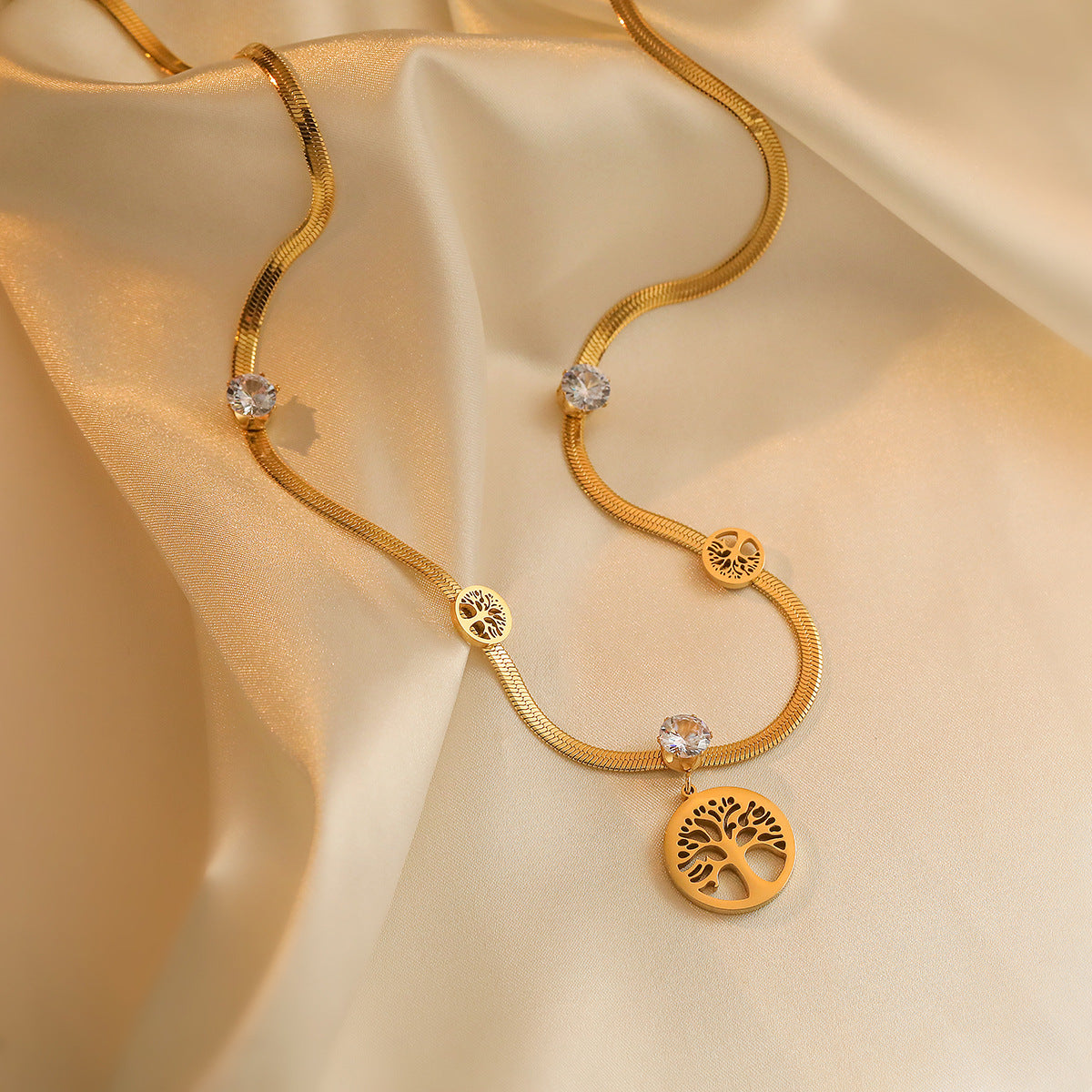 Minimalist Geometric Tree of Life Pendant Necklace for Women in Titanium Steel with Zircon Inlay
