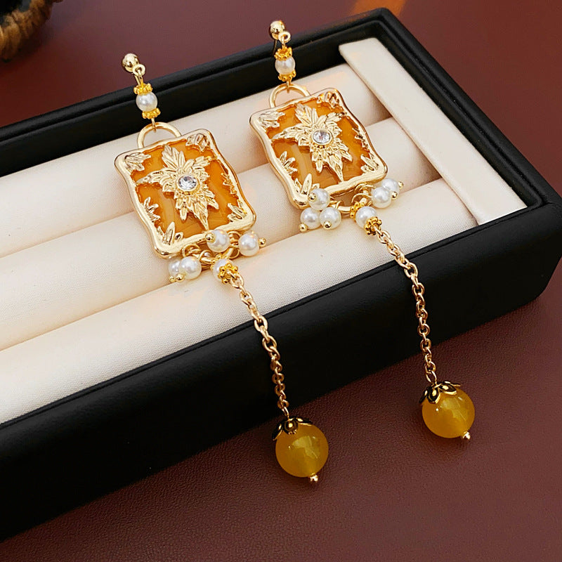 Chic Floral and Geometric Square Pearl Stud Earrings with Rhinestone Inlay and 925 Sterling Silver Posts