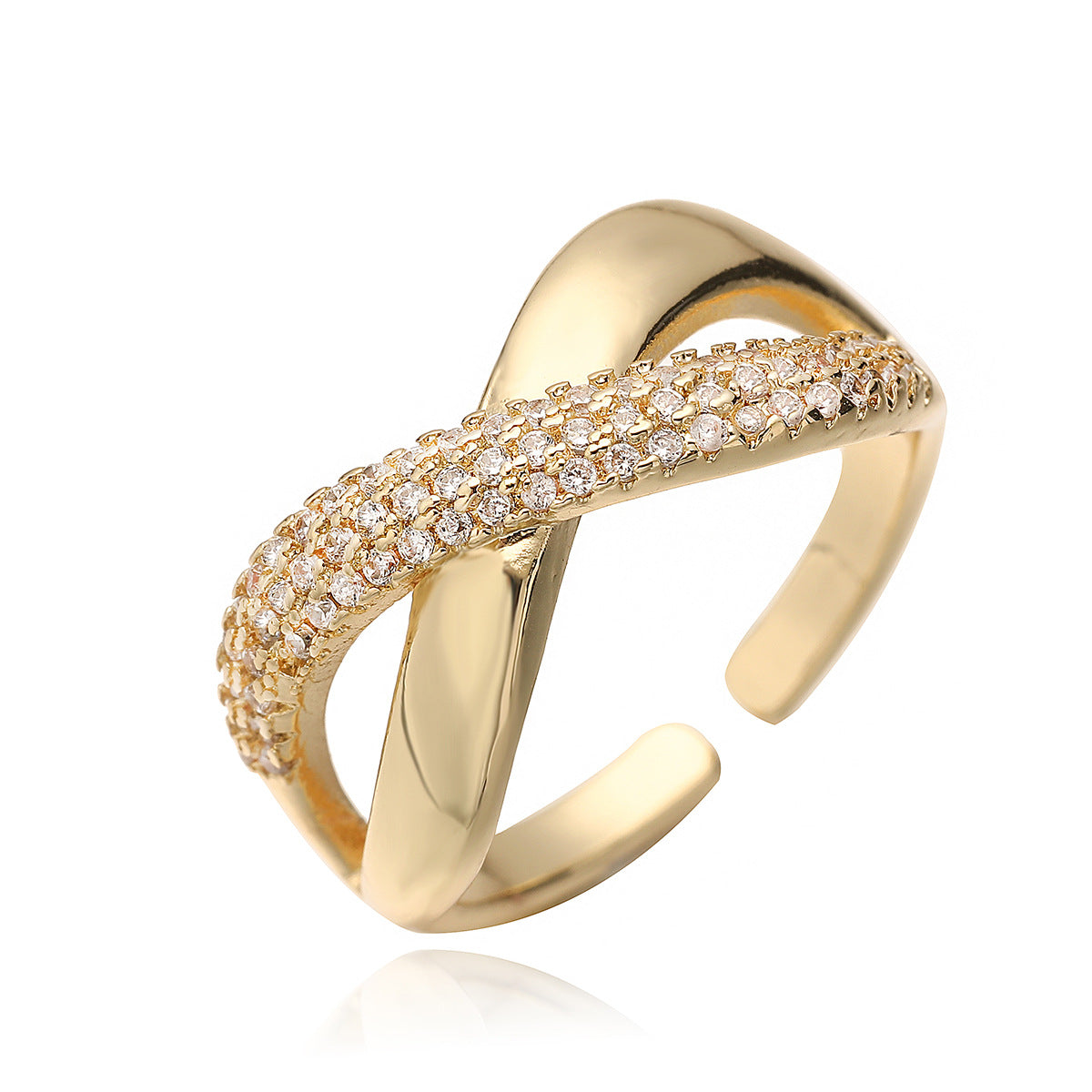 Minimalist Geometric Open Ring for Women Made of Copper with Real Gold Plating and Cubic Zirconia Inlay