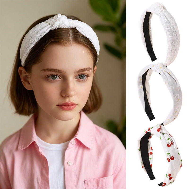 Diadema de tela ancha con estampado floral dulce para niñas con ribete de encaje y diseño geométrico