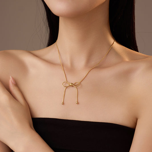 Minimalist Bow-Shaped Titanium Steel Necklace with Plated Finish for Women, Adjustable Clavicle Chain