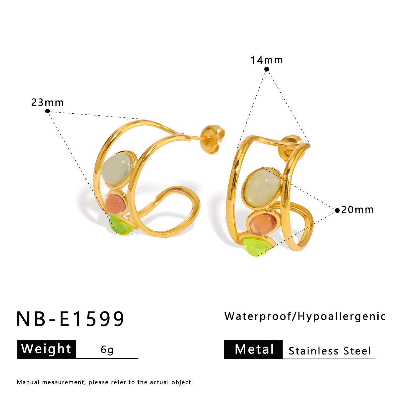 Set di orecchini e anello in acciaio inossidabile placcato oro 18 carati con pietre naturali, stile francese vintage geometrico a forma di C