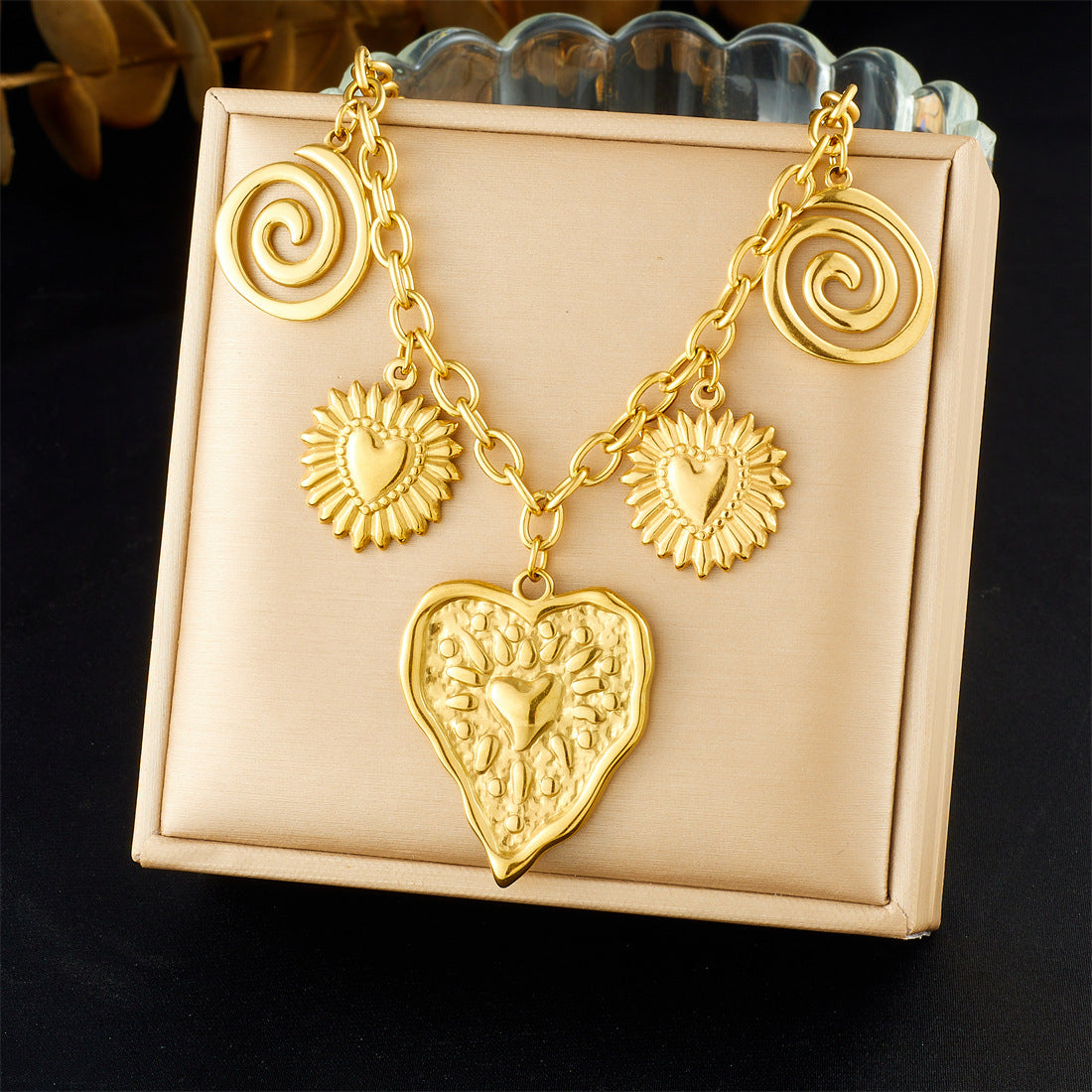 Chic Gold Plated Stainless Steel Heart Bow Floral Pendant Necklace Curb Chain