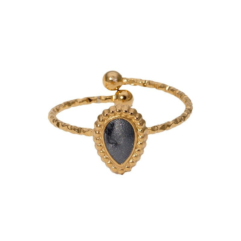 Anello aperto da donna vintage elegante a forma di goccia placcato oro in acciaio inossidabile con estetica lussuosa retrò francese