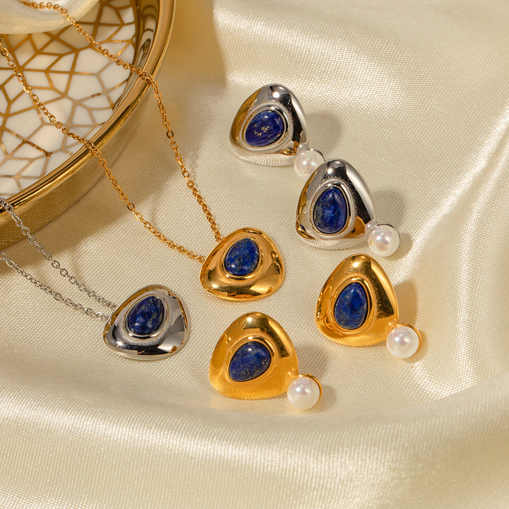 Collana Minimalista Geometrica da Donna in Acciaio al Titanio con Intarsio di Lapislazzuli
